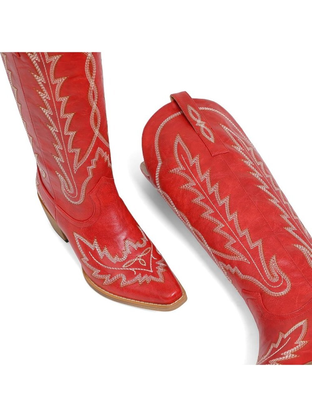 Women's Red Western Cowgirl Knee High Boots Pointed Toe Chunky Heel Leather - Picture 5 of 6